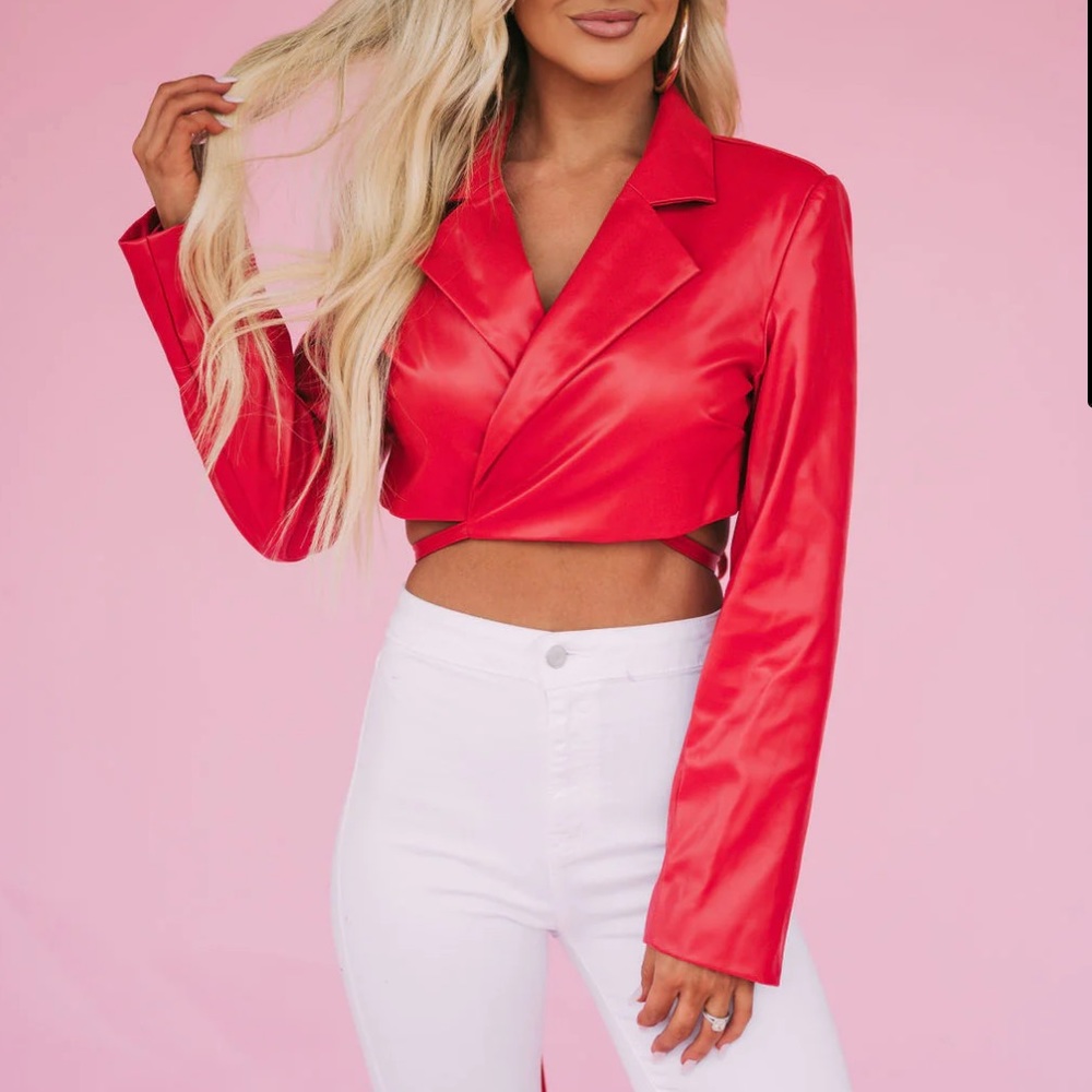 These Three Boutique, Wrap Around Cropped Blazer- Red